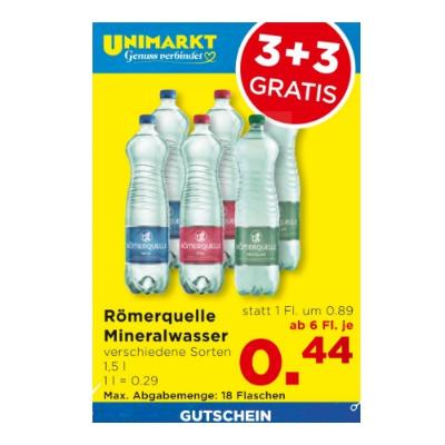 Promotion Bild von Römerquelle Mineralwasser versch. Sorten ab 6 Fl. Je 0.44€ Unimarkt