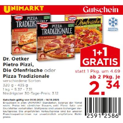 Dr. Oetker Pietro Pizzi, Die Ofenfrische oder Pizza Tradizionale verschiedene Sorten ab 2 Pkg. je 2,34 € Unimarkt