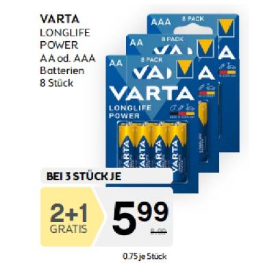 2+1 GRATIS beim Kauf von Varta Longlife Power Batterien AA od. AAA 8 Stück BIPA