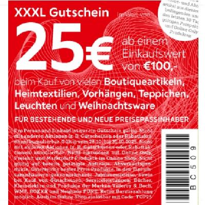 XXXL Gutschein im Wert von 25€ ab einem Einkaufswert von €100,- beim Kauf von vielen Boutiqueartikeln, Heimtextilien, Vorhängen, Teppichen, Leuchten und Weihnachtsware XXXLutz