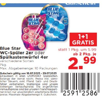 Promotion Bild von Blue Star WC-Spüler 2er oder Spülkastenwürfel 4er verschiedene Sorten ab 2 Pkg. je 2.99€ Unimarkt