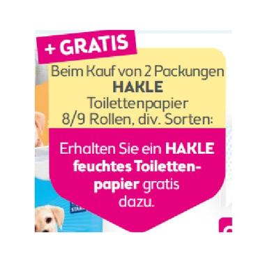 GRATIS Beim Kauf von 2 Packungen HAKLE Toilettenpapier 8/9 Rollen, div. Sorten: Erhalten Sie ein HAKLE feuchtes Toilettenpapier gratis dazu. BIPA