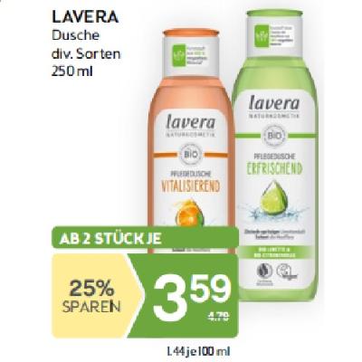 ab 2 Stk. Aktionspreis beim Kauf von Lavera Dusche, 250ml, div. Sorten BIPA