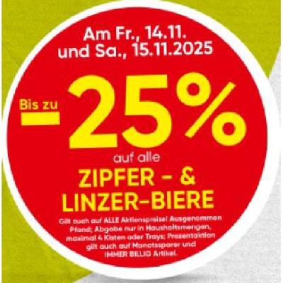Bis zu -25% auf alle ZIPFER- & LINZER-BIERE SPAR