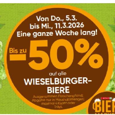 Bis zu -50% auf alle WIESELBURGER-BIERE SPAR