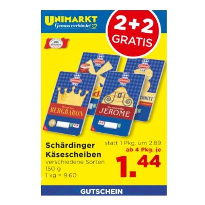 Promotion Bild von Schärdinger Käsescheiben versch. Sorten ab 4 Pkg. je 1.44€ Unimarkt