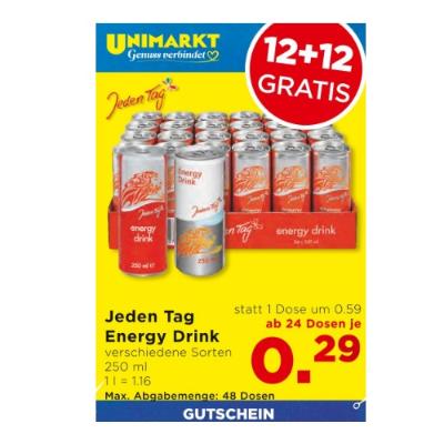 Promotion Bild von Jeden Tag Energy Drink versch. Sorten ab 24 Dosen je 0.29€ Unimarkt