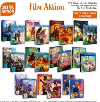 Promotion Bild von 20% Rabatt auf die DVD oder Blu-Ray der abgebildeten Top Film-Neuheiten Müller Drogerie