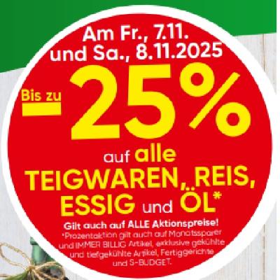 Bis zu -25% auf alle TEIGWAREN, REIS, ESSIG und ÖL EUROSPAR