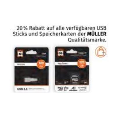 Promotion Bild von 20% Rabatt auf alle verfügbaren USB Sticks und Speicherkarten der MÜLLER Qualitätsmarke Müller Drogerie