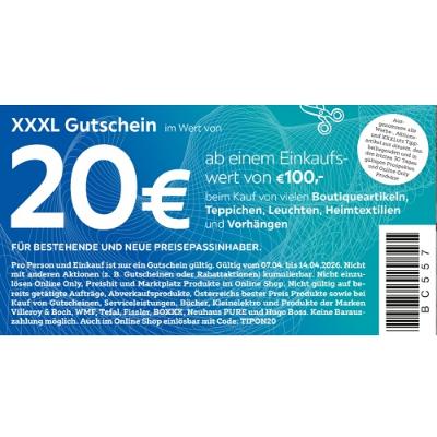 20€ ab einem Einkaufswert von €100,- beim Kauf von vielen Boutiqueartikeln, Teppichen, Leuchten, Heimtextilien und Vorhängen XXXLutz