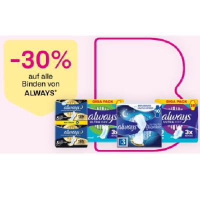 -30% auf alle Binden von ALWAYS BIPA
