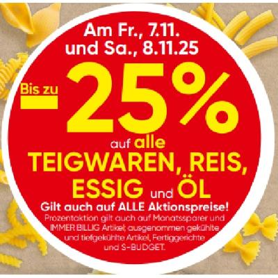 Bis zu -25% auf alle TEIGWAREN, REIS, ESSIG und ÖL SPAR