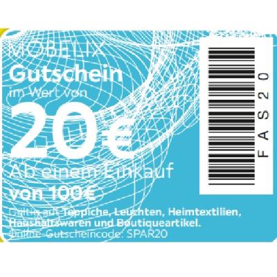 Promotion Bild von Gutschein im Wert von 20€ Ab einem Einkauf von 100€ Gültig auf Teppiche, Leuchten, Heimtextilien, Haushaltswaren und Boutiqueartikel Möbelix