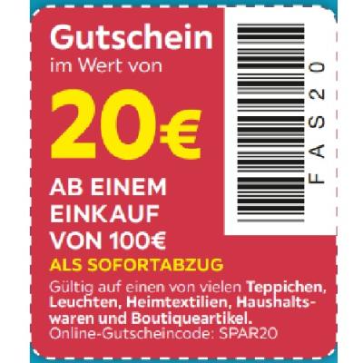 Gutschein im Wert von 20€ AB EINEM EINKAUF VON 100€ Gültig auf einen von vielen Teppichen, Leuchten, Heimtextilien, Haushaltswaren und Boutiqueartike Möbelix