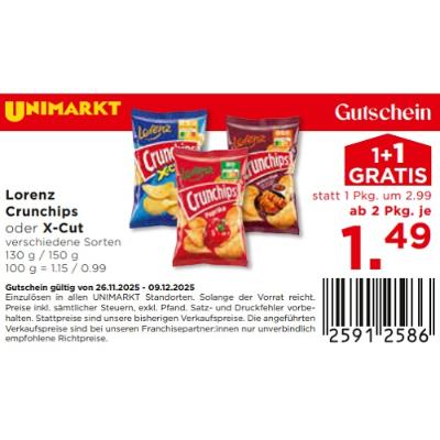 Lorenz Crunchips oder X-Cut verschiedene Sorten ab 2 Pkg. je 1.49€ Unimarkt