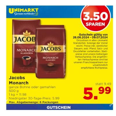 Promotion Bild von Jacobs Monarch ganze Bohne oder gemahlen je 5.99€ Unimarkt