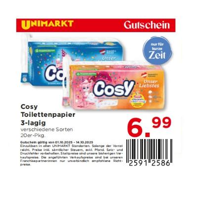 Cosy Toilettenpapier 3-lagig verschiedene Sorten je 6,99€ Unimarkt