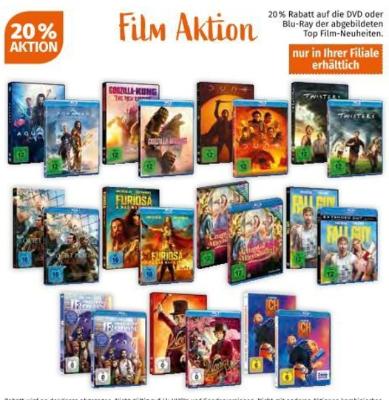 Promotion Bild von 20% Rabatt auf die DVD oder Blu-Ray der abgebildeten Top Film-Neuheiten Müller Drogerie