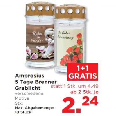 Promotion Bild von Ambrosius 5 Tage Brenner Grablicht verschiedene Motive ab 2 Stk. je 2.24€ Unimarkt