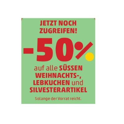 -50% auf alle SÜSSEN WEIHNACHTS-, LEBKUCHEN und SILVESTERARTIKEL Penny