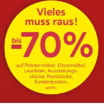 Vieles muss raus! bis -70% auf Polstermöbel, Einzelmöbel, Leuchten, Ausstellungsstücke, Reststücke, Sonderposten, uvm. Möbelix