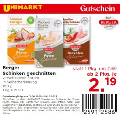 Berger Schinken geschnitten verschiedene Sorten ab 2 Pkg. je 2,19 € Unimarkt