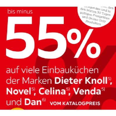 bis minus 55% auf viele Einbauküchen der Marken Dieter Knoll, Novel, Celina, Venda, und Dan VOM KATALOGPREIS XXXLutz
