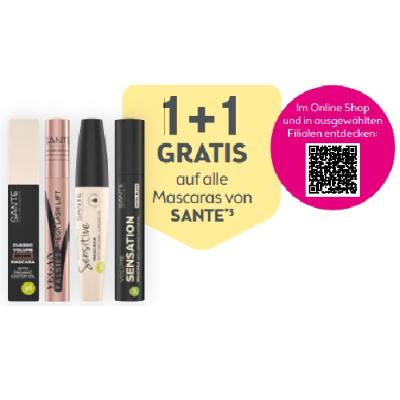 Promotion Bild von 1+1 gratis auf alle Mascaras von Sante (das günstigste Produkt ist gratis) inkl. QR-Code zur Filialliste BIPA