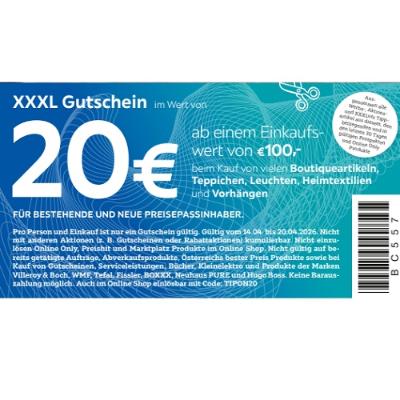 XXXL Gutschein im Wert von 20€ ab einem Einkaufswert von €100,- beim Kauf von vielen Boutiqueartikeln, Teppichen, Leuchten, Heimtextilien und Vorhängen XXXLutz