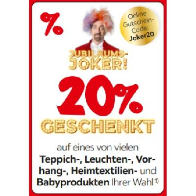 Promotion Bild von JUBILÄUMS-JOKER! 20% geschenkt auf eines von vielen Teppich-, Leuchten-, Vorhang-, Heimtextilien- und Babyprodukten Ihrer Wahl XXXLutz