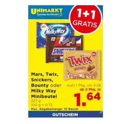 Promotion Bild von Mars, Twix, Snickers, Bounty oder Milky Way Minibeutel ab 2 Pkg. je 1.64€ Unimarkt