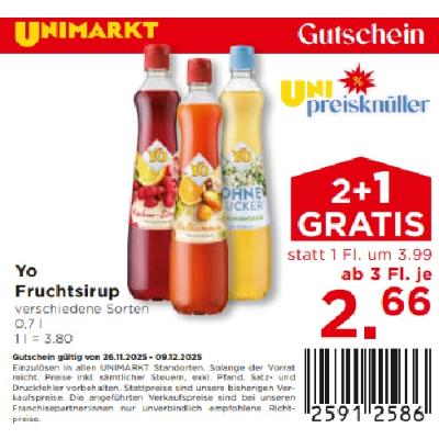 Yo Fruchtsirup verschiedene Sorten ab 3 Fl. je 2.66€ Unimarkt