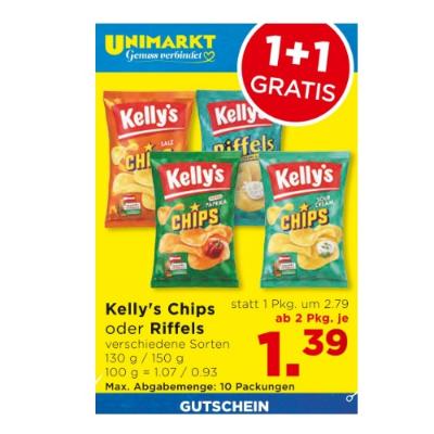 Promotion Bild von Kelly's Chips oder Riffels versch. Sorten ab 2 Pkg. je 1.39€ Unimarkt