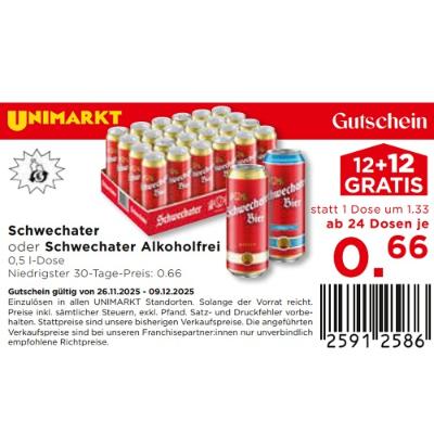 Schwechater oder Schwechater Alkoholfrei ab 24 Dosen je 0.66€ Unimarkt