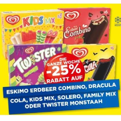 Promotion Bild von DIE GANZE WOCHE -25% RABATT AUF ESKIMO ERDBEER COMBINO, DRACULA COLA, KIDS MIX, SOLERO, FAMILY MIX ODER TWISTER MONSTAAH Unimarkt