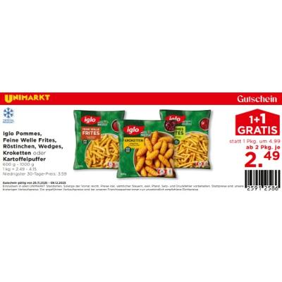 Iglo Pommes, Feine Welle Frites, Röstinchen, Wedges, Kroketten oder Kartoffelpuffer ab 2 Pkg. je 2.49€ Unimarkt
