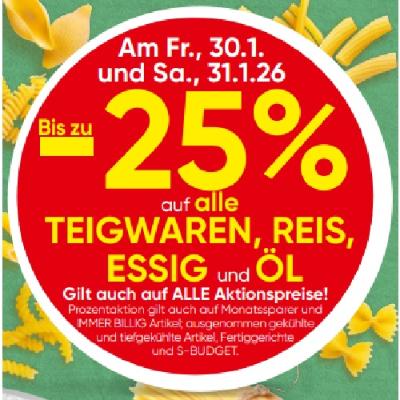 Bis zu -25% auf alle TEIGWAREN, REIS, ESSIG und ÖL SPAR