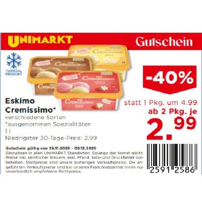 Eskimo Cremissimo verschiedene Sorten ab 2 Pkg. je 2.99€ Unimarkt
