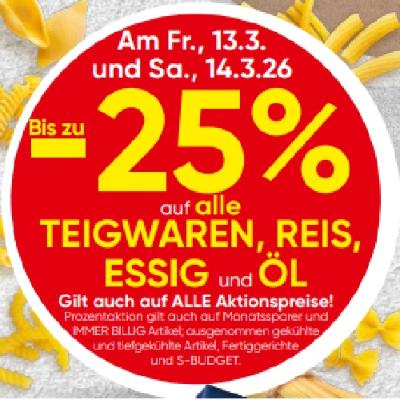 Bis zu -25% auf alle TEIGWAREN, REIS, ESSIG und ÖL SPAR