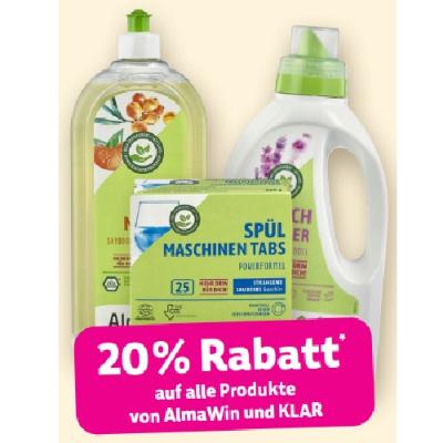 20% Rabatt auf alle Produkte von AlmaWin und KLAR Denns BioMarkt