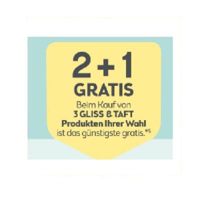 2+1 GRATIS Beim Kauf von 3 GLISS & TAFT Produkten Ihrer Wahl ist das günstigste gratis. BIPA
