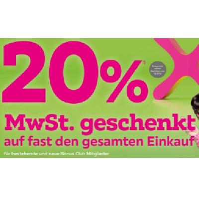 20% MwSt. geschenkt auf fast den gesamten Einkauf für bestehende und neue Bonus Club Mitglieder mömax