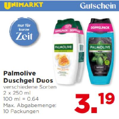 Promotion Bild von Palmolive Duschgel Duos verschiedene Sorten  je 3.19€ Unimarkt