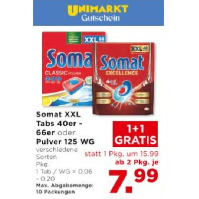 Promotion Bild von Somat XXL Tab 40er - 66er oder Pulver 125 WG verschiedene Sorten ab 2 Pkg. je 7.99€ Unimarkt