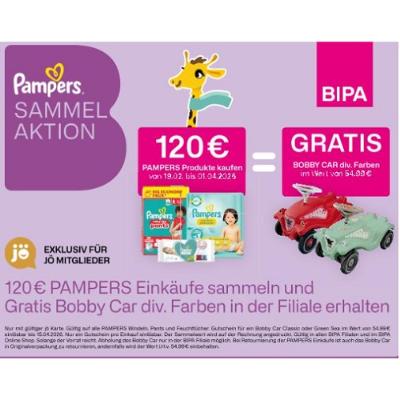 120 € PAMPERS Einkäufe sammeln und Gratis Bobby Car div. Farben in der Filiale erhalten BIPA