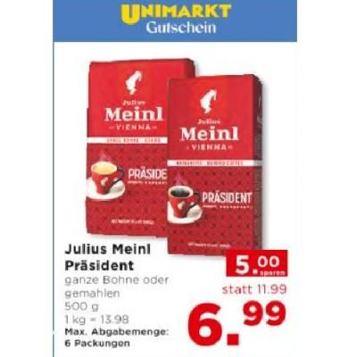 Promotion Bild von Julius Meinl Präsident ganze Bohne oder gemahlen je 6.99€ Unimarkt