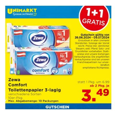Promotion Bild von Zewa Comfort Toilettenpapier 3-lagig versch. Sorten ab 2 Pkg. je 3.49€ Unimarkt
