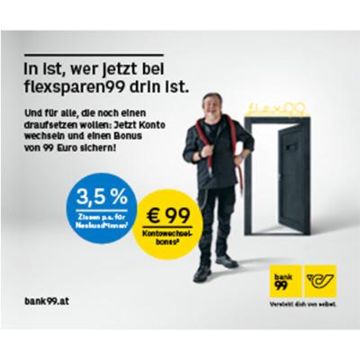 Promotion Bild von flexsparen99: 3,5% Zinsen p.a.* + €99 Wechselbonus** bei deiner bank99