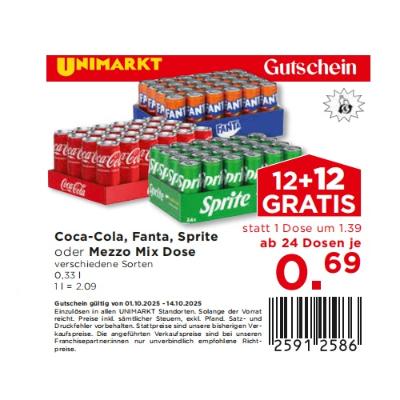 Coca-Cola, Fanta, Sprite oder Mezzo Mix Dose verschiedene Sorten ab 24 Dosen je 0,69€ Unimarkt